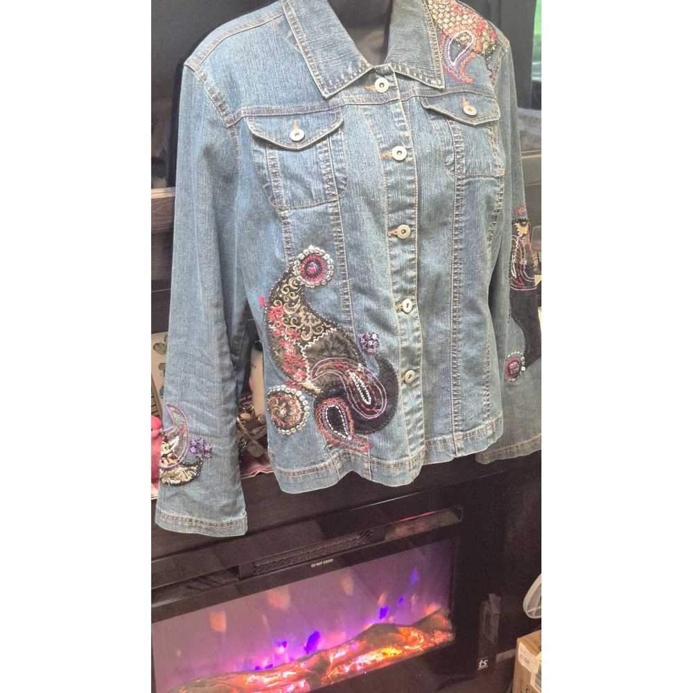 Boho Boutique Western Denim Jacket Embellished Embroidery Rhinestone Blue 14 L - Picture 5 of 12